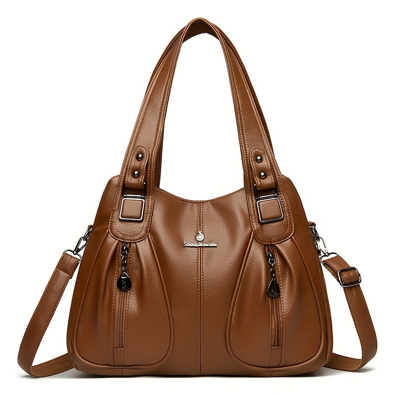 Women’s casual shoulder bag in brown with top handles and adjustable shoulder strap.