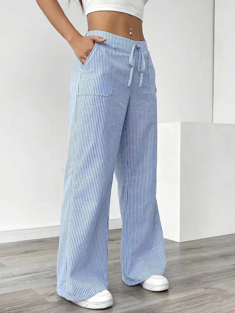 Blue striped wide-leg pants with drawstring waist and front side pockets