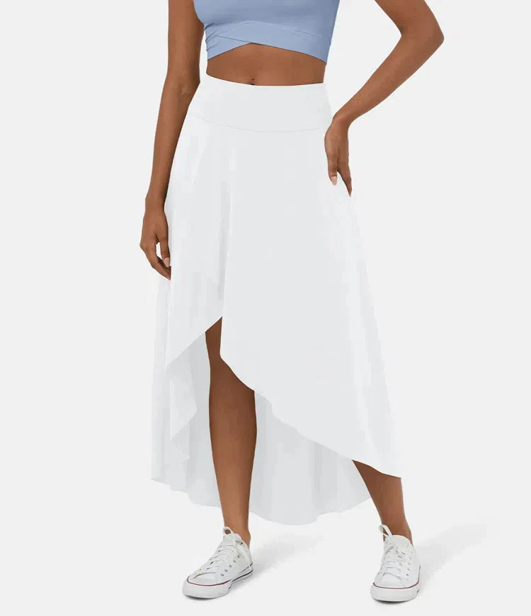 AMELIE asymmetric midi skirt in white with high waist and layered high-low hem
