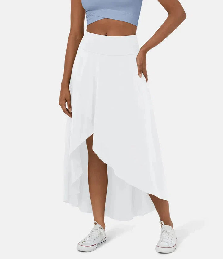 AMELIE asymmetric midi skirt in white with high waist and layered high-low hem