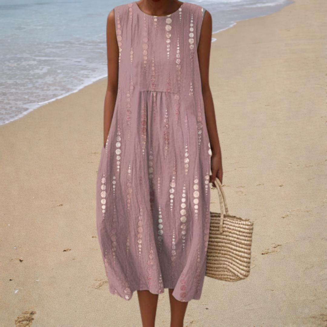 Mauve sleeveless summer dress with round neck, vertical embroidered eyelet trim