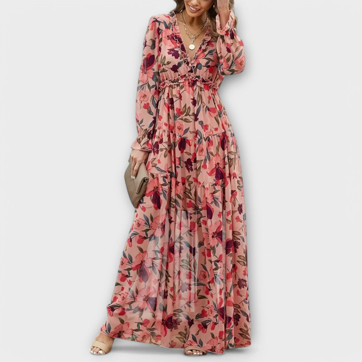 Floral maxi dress with V-neck, long sleeves, tiered ruffle skirt and cinched waist