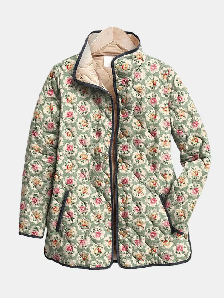 Quilted floral art print jacket with full front zip and standing collar, multicolor
