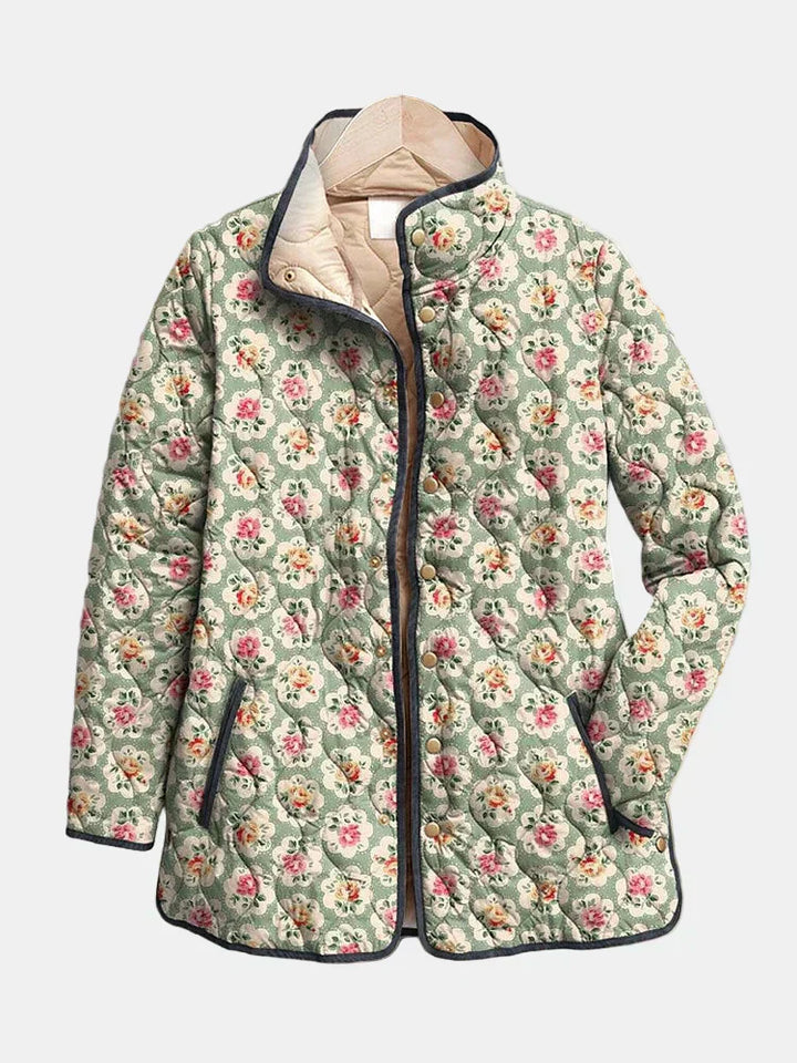 Quilted floral art print jacket with full front zip and standing collar, multicolor