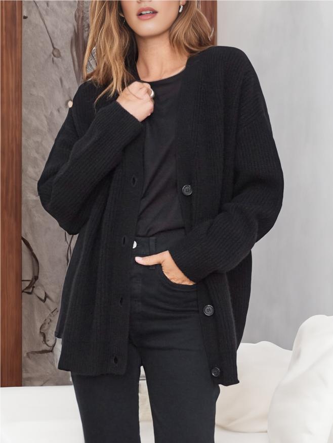 Black button-up cardigan with V-neck, long sleeves, relaxed cocoon silhouette, ribbed texture.