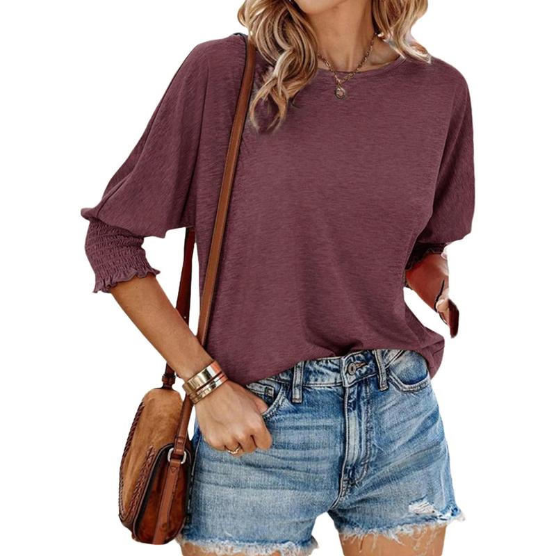 Dark red lightweight short-sleeve blouse with gathered cuffs and relaxed fit