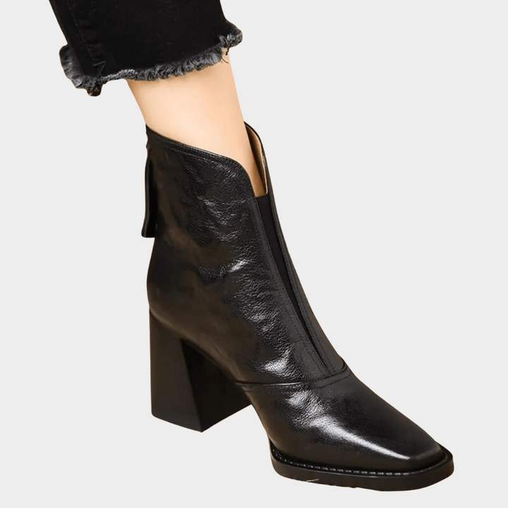 Black heeled ankle boots with polished finish and block heel