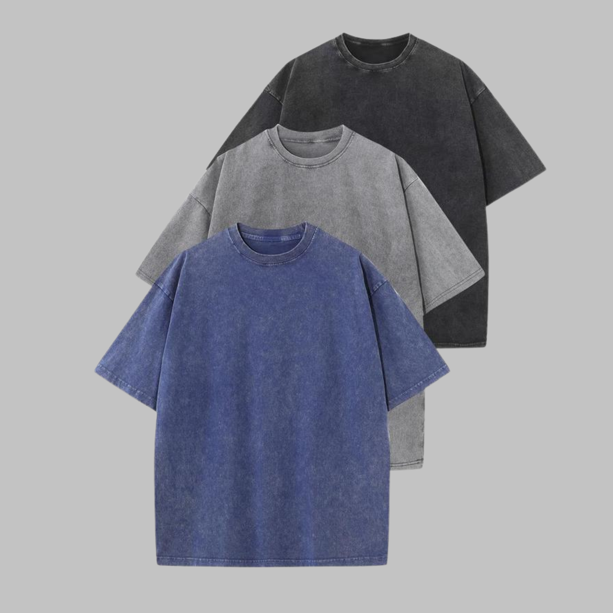 3-pack washed crew-neck T-shirts in blue, light gray, and dark gray