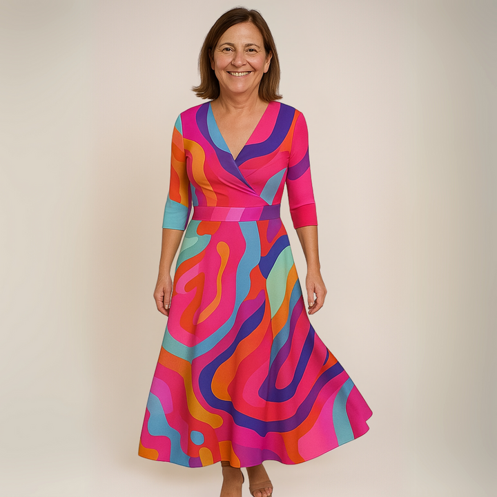 Multicolor abstract print wrap midi dress with 3/4 sleeves and V-neck
