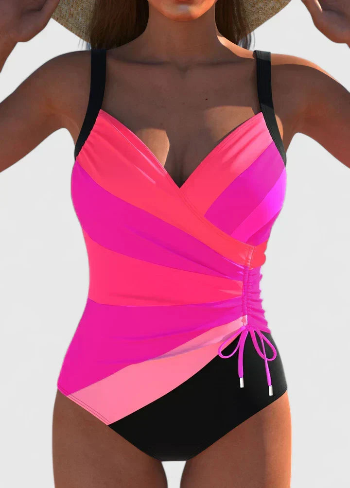 Pink ombre one-piece swimsuit with V-neck wrap front and drawstring side ties