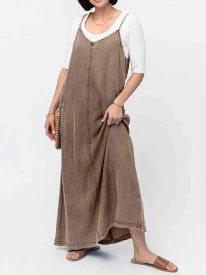 Brown denim-look loose maxi dress with V neckline and thin spaghetti straps