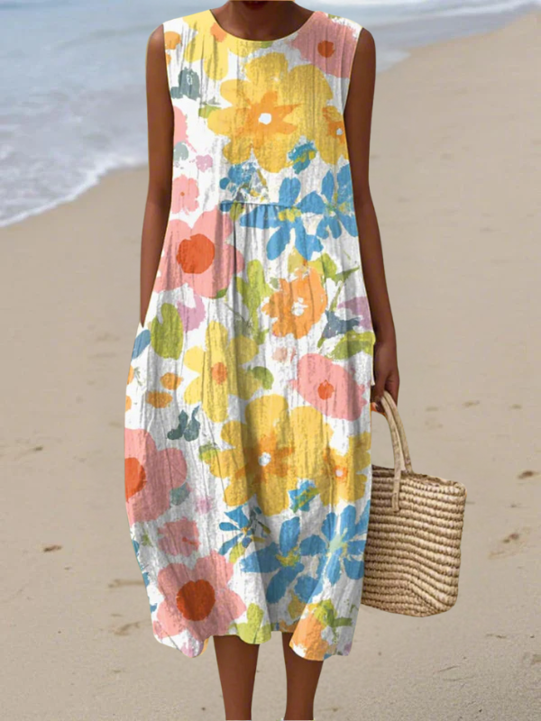Pastel floral midi dress, sleeveless with round neckline and colorful abstract flower print