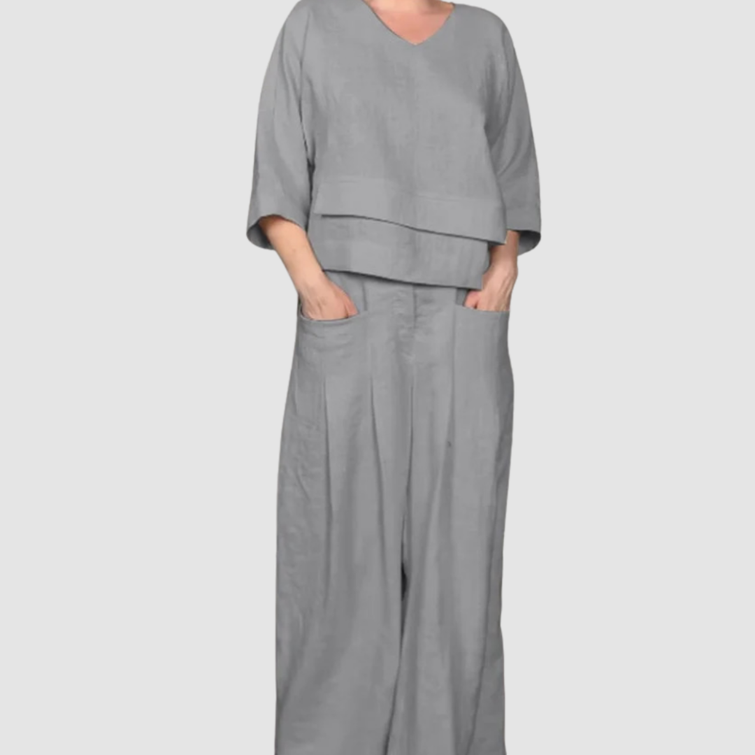 Grey relaxed 2-piece set with V-neck top and wide-leg pants