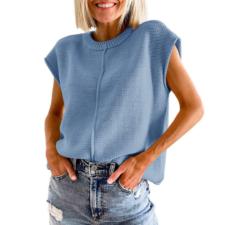 Blue sleeveless crewneck knit top with ribbed collar and center seam