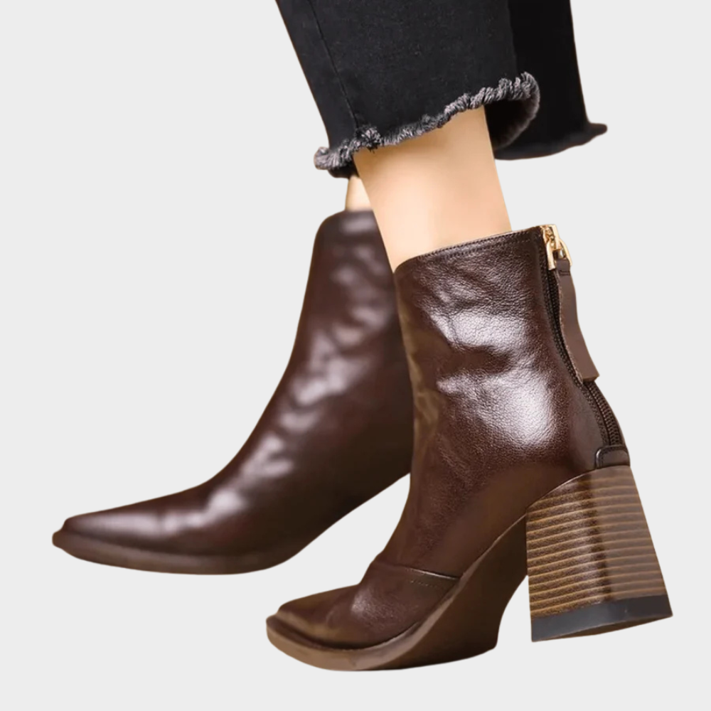 Dark brown heeled ankle boots with side zipper and square block heel