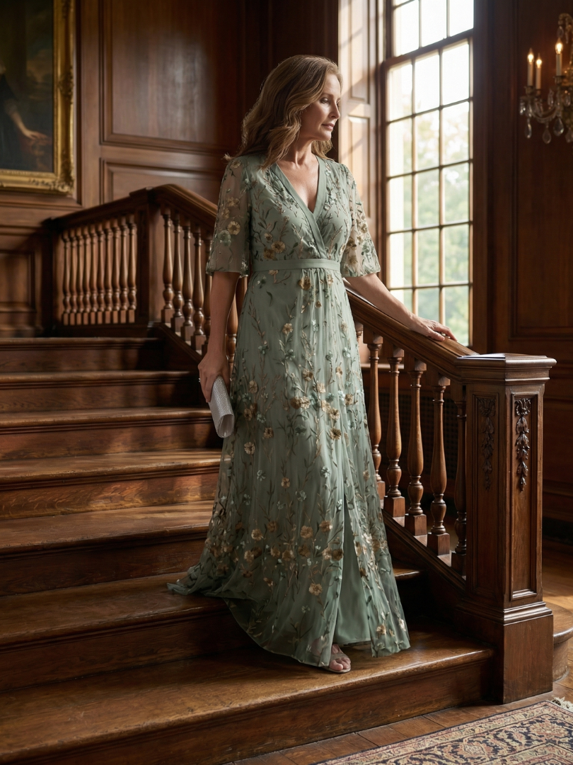 Sage green floral maxi dress with V-neck, short flutter sleeves, tie belt