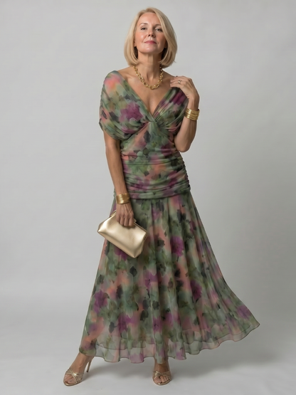 Multicolor off-shoulder flow midi dress with floral print and gathered waist