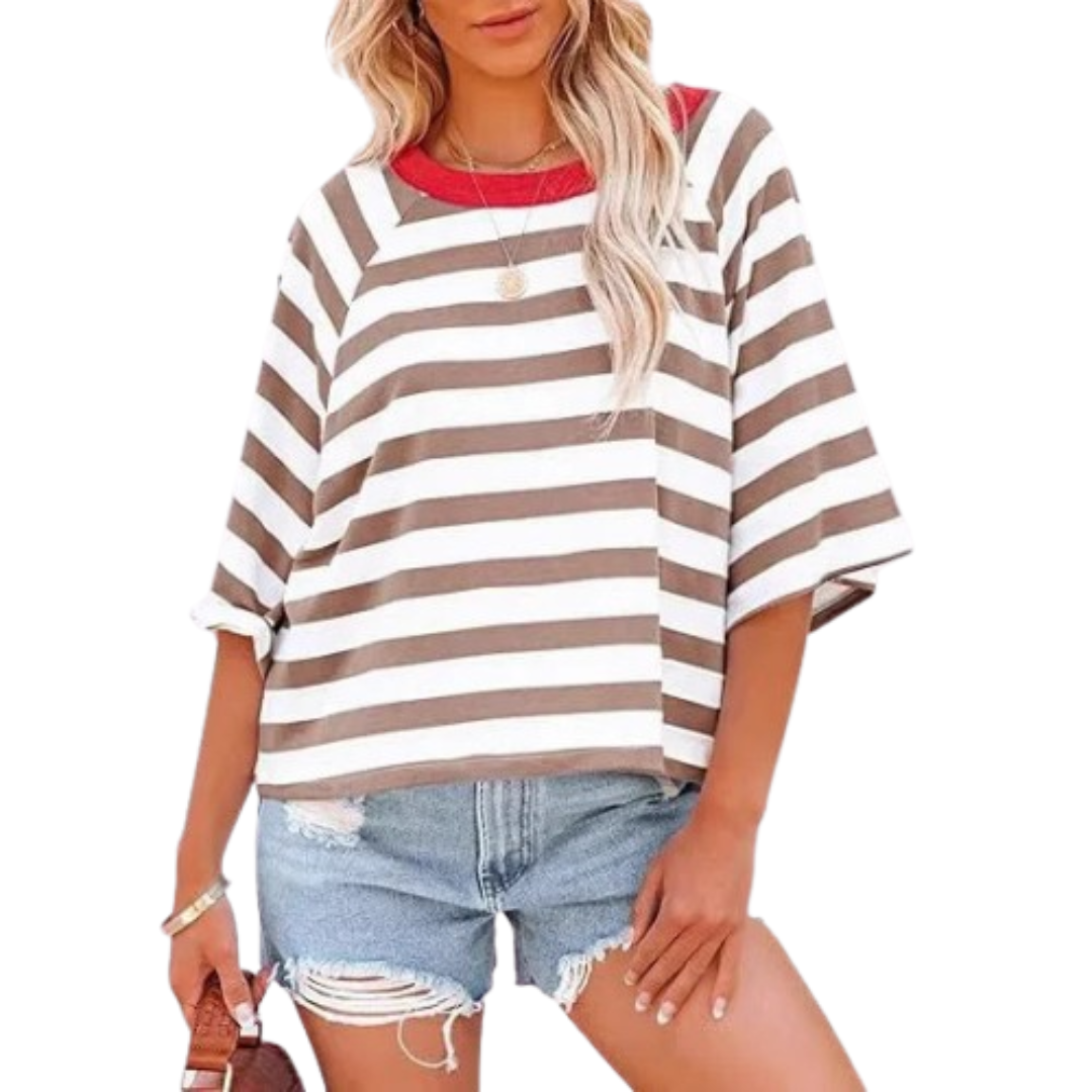 Loose fit crewneck top in white and brown stripes with red neckline band