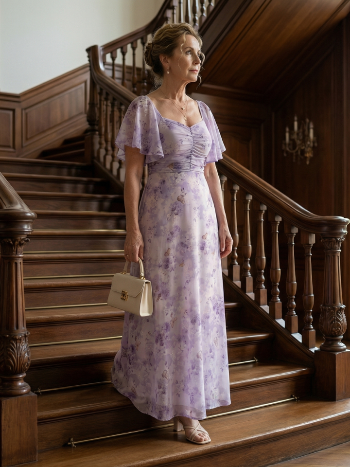 Lavender floral flutter sleeve midi dress with ruched front bodice and gathered waist