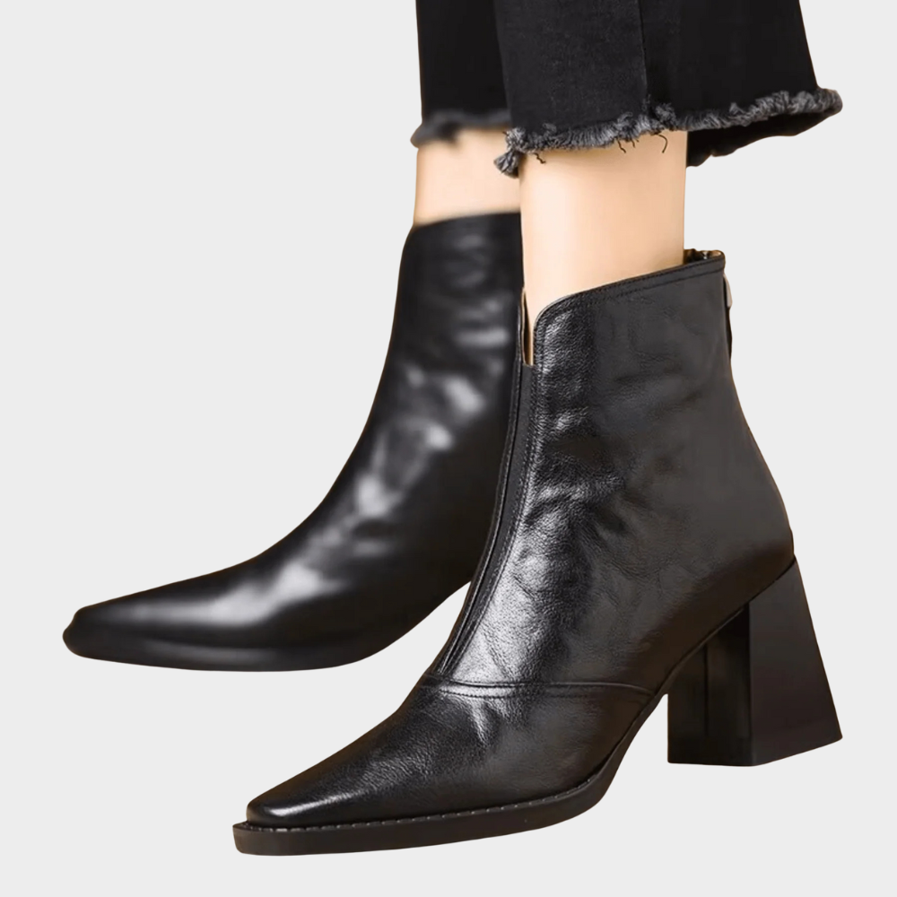 Black heeled ankle boots with smooth leather look and block heel