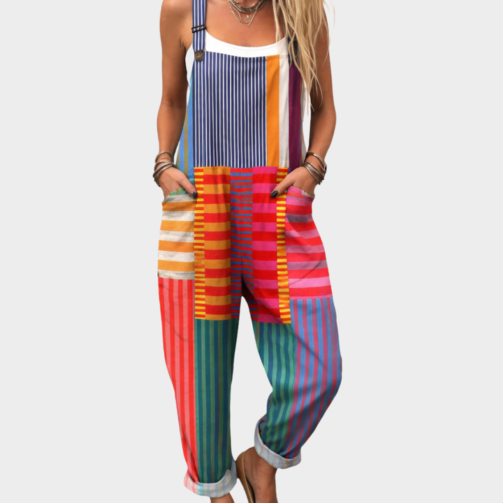 Multicolor striped printed overalls with bib front and wide legs