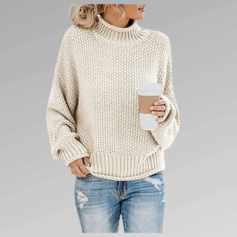 Beige oversized winter sweater, chunky knit, ribbed turtleneck and cuffs