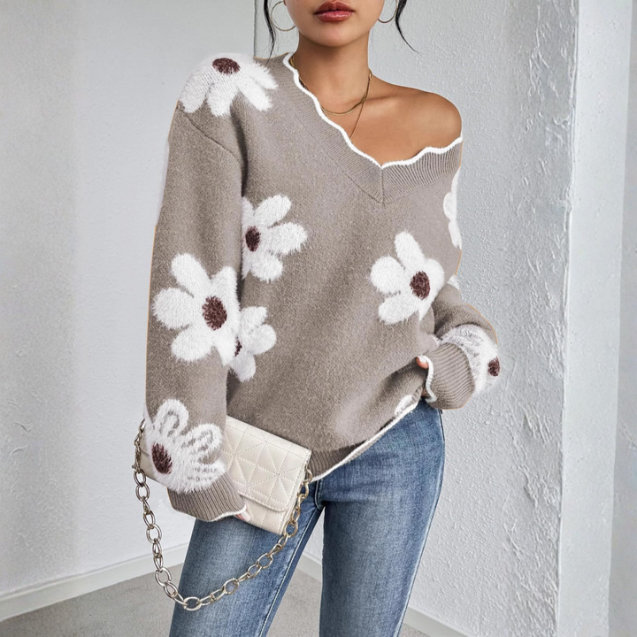 Light gray drop-shoulder long-sleeve V-neck sweater with white flower appliques