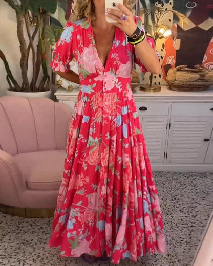 Floral midi dress, red with white V-neck and short puff sleeves