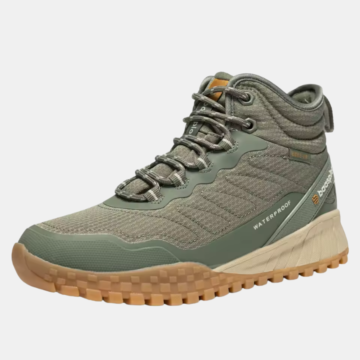 Waterproof plush warm boots, lace-up front, olive green upper, thick rubber sole