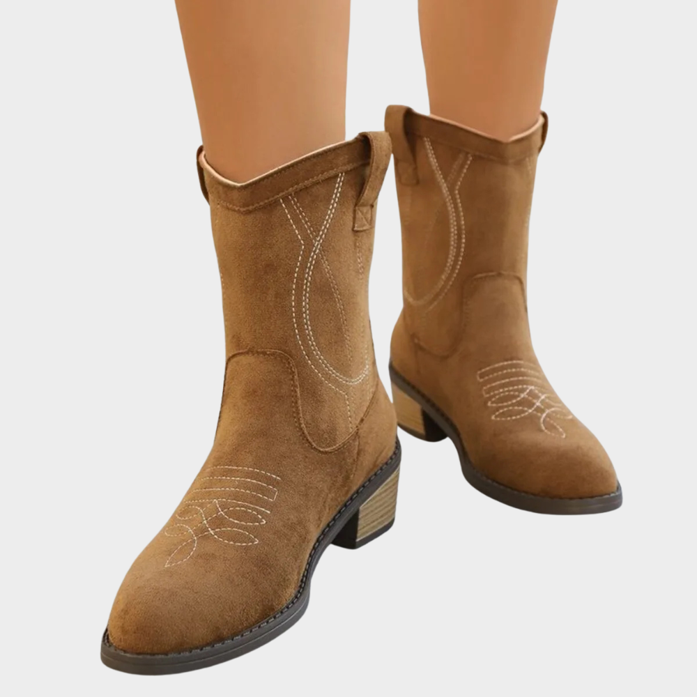 Khaki suede cowboy ankle boots with Western embroidery, pull-tab collar, block heel