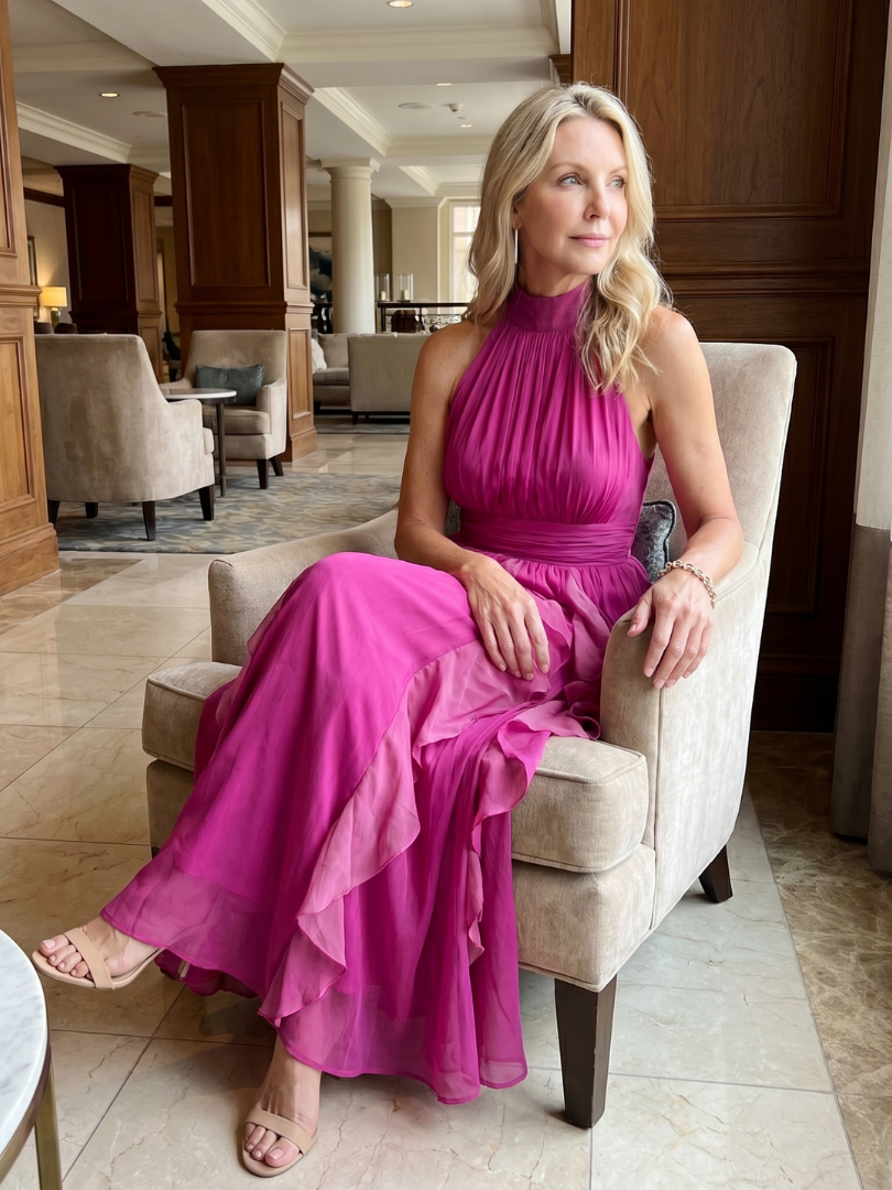 Pink high-neck gathered maxi dress with layered ruffles and sleeveless bodice