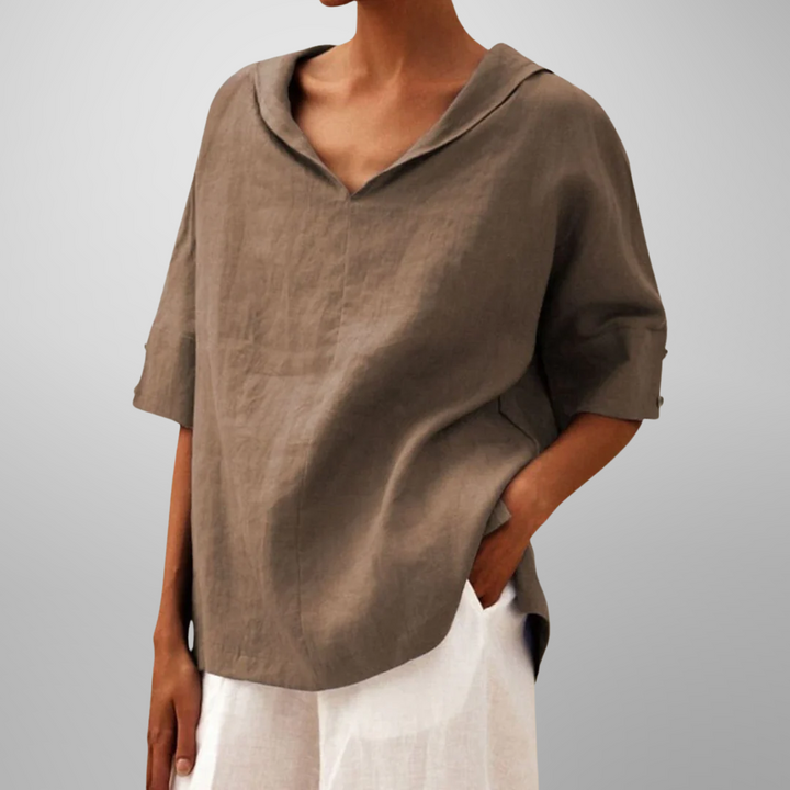 Women’s loose cotton blouse, khaki, V-neck with hooded collar, short sleeves