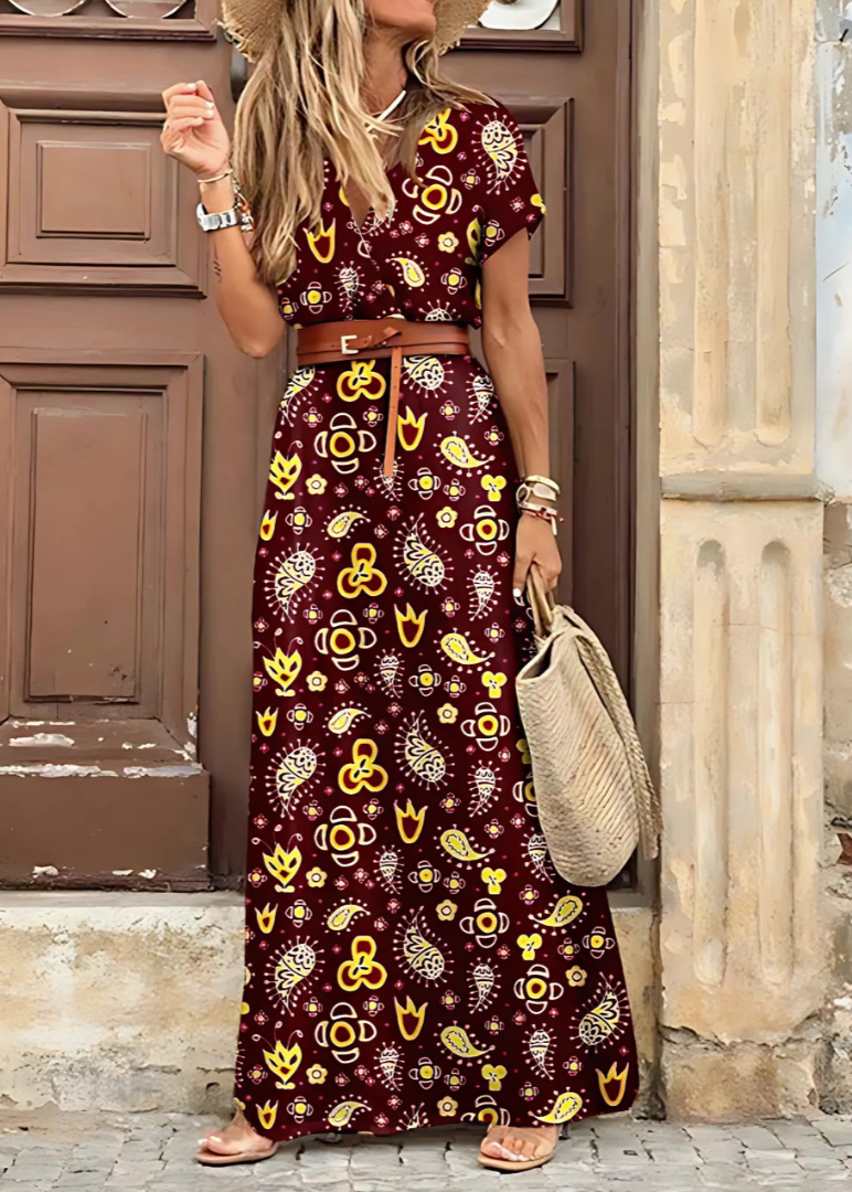 Paisley maxi dress with short sleeves and waist belt, burgundy pattern, side slit