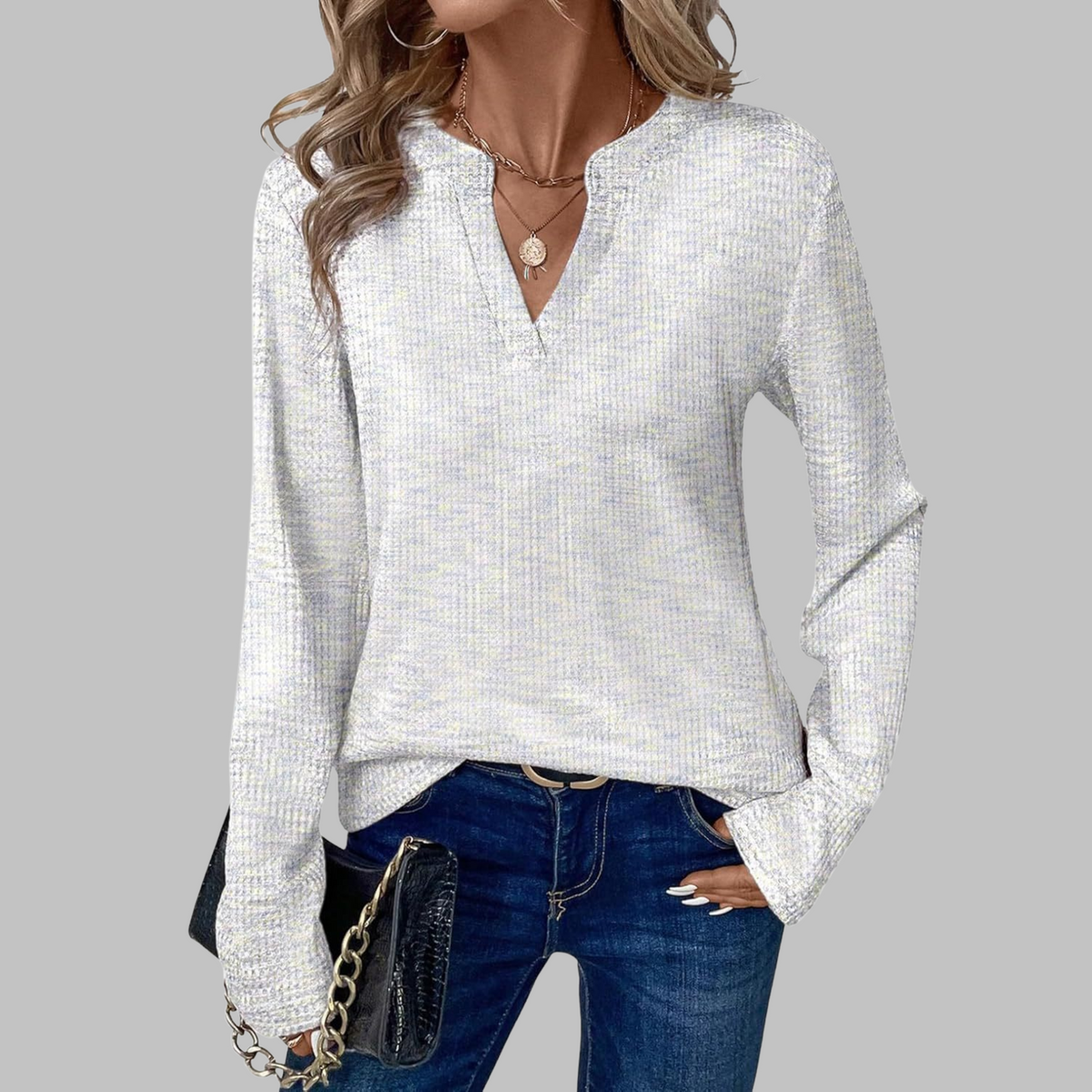 Cozy V-neck long-sleeve blouse, light grey speckled textured knit