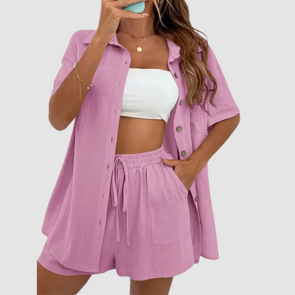 Pink short-sleeve button-up top and drawstring shorts, two-piece summer set