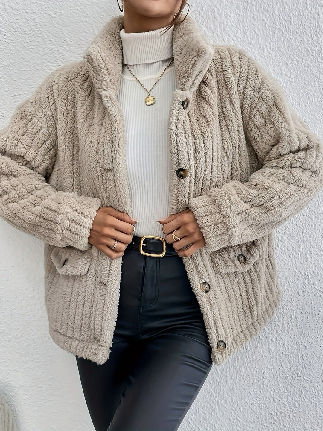 Beige double-sided velvet button cardigan with notched collar and front buttons