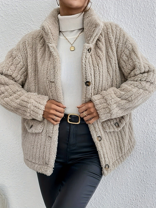 Beige double-sided velvet button cardigan with notched collar and front buttons