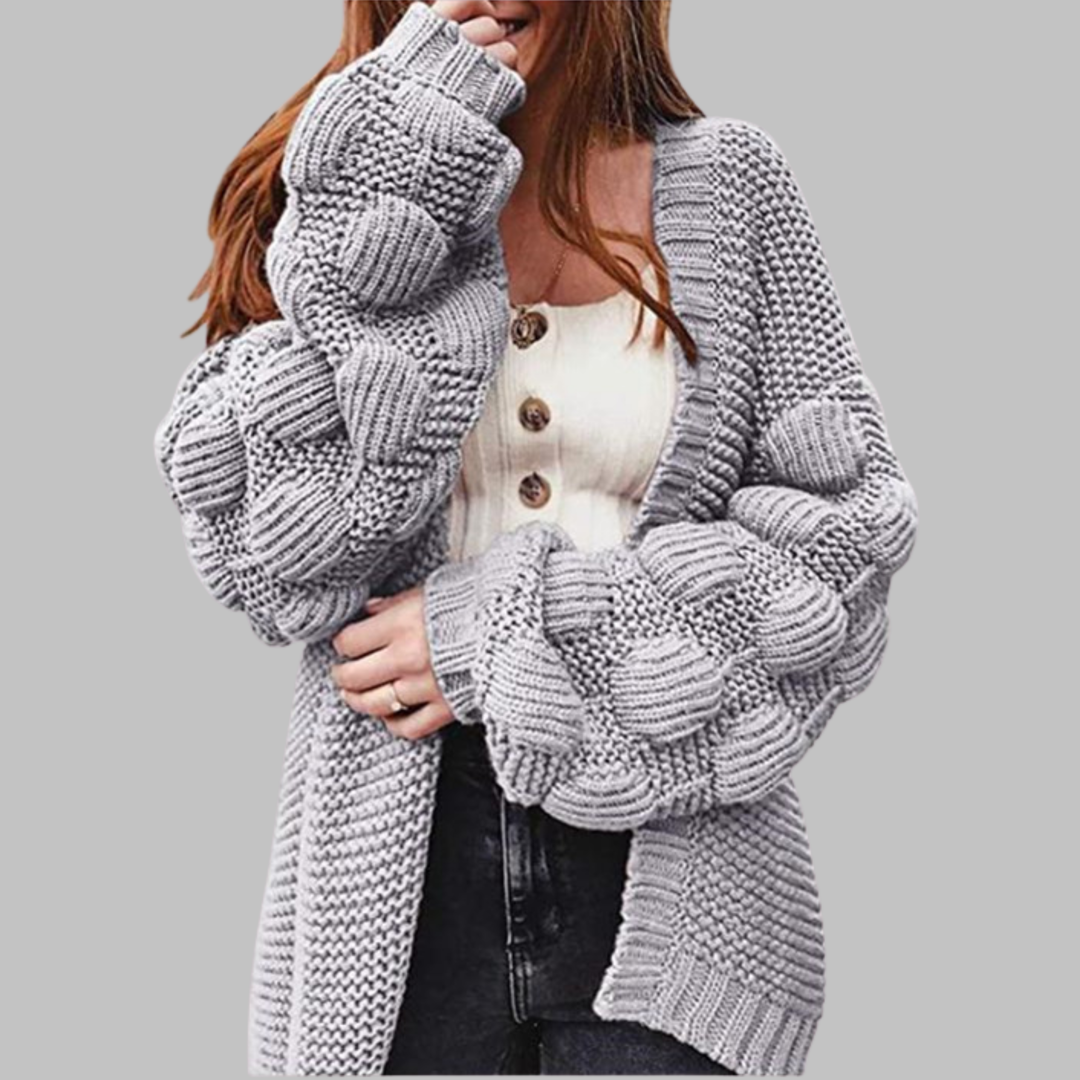 Light gray oversized chunky open-front cardigan with ribbed cuffs and textured knit