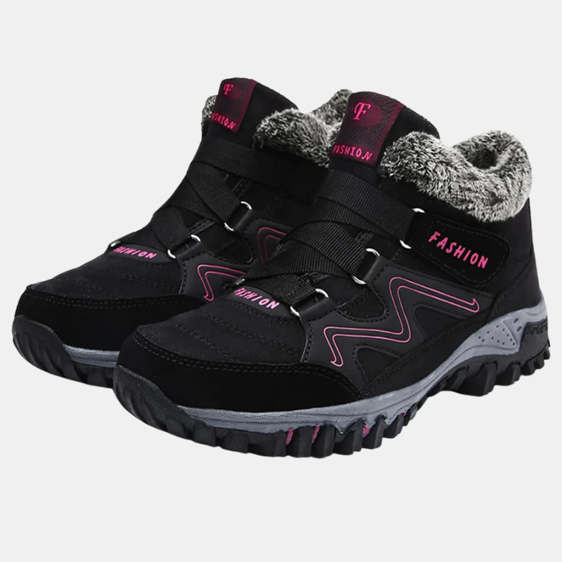 Black orthopedic shoes with faux-fur collar and pink trim straps, deep tread sole