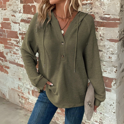 Army green waffle-knit hoodie with V-neck and button placket, long sleeves
