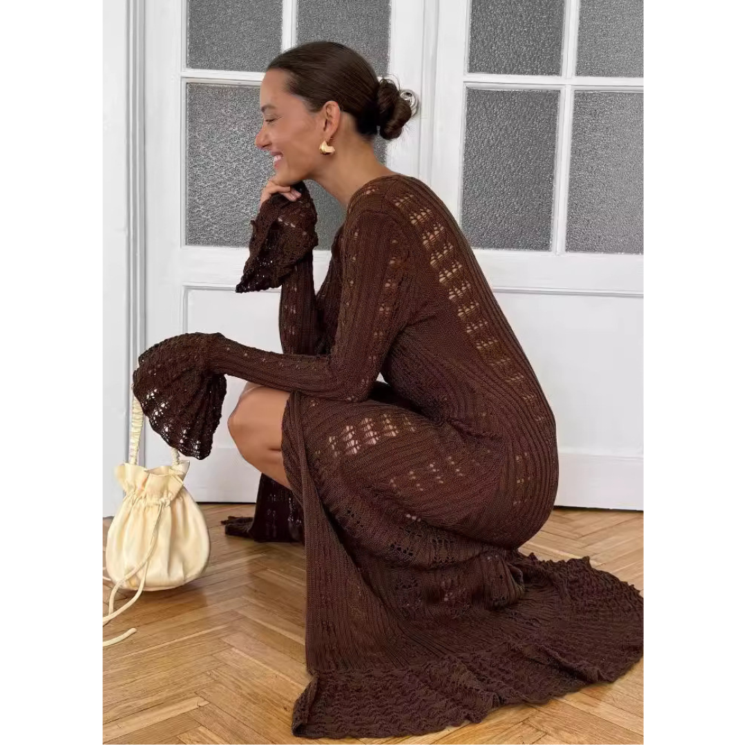 Coffee brown fitted cardigan with flounce sleeves and button front, textured knit