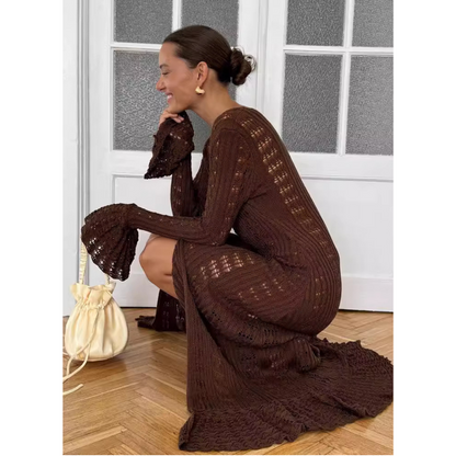 Coffee brown fitted cardigan with flounce sleeves and button front, textured knit
