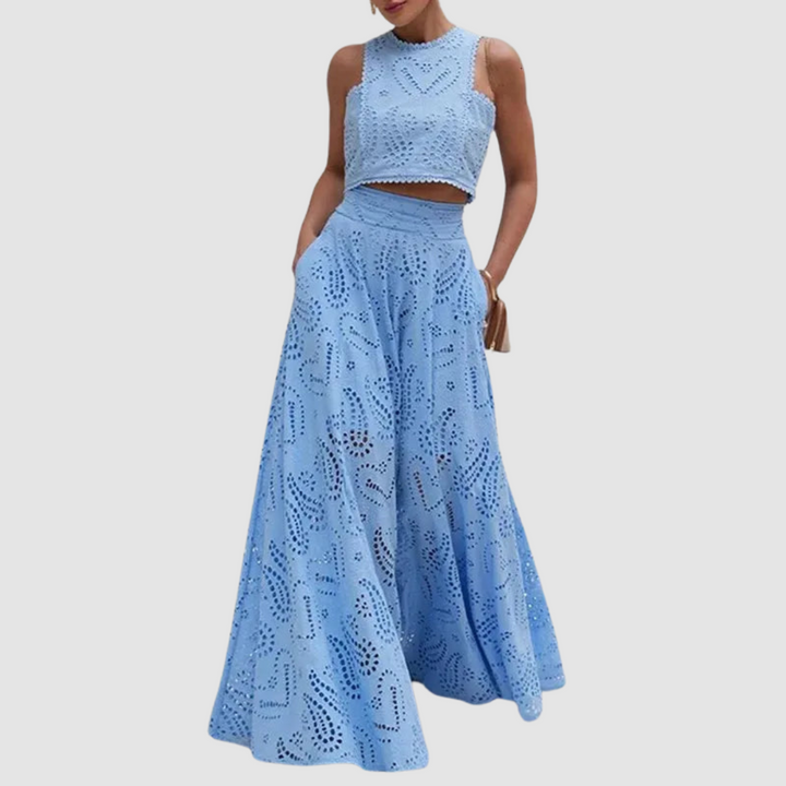 Blue sleeveless lace crop top and maxi skirt two-piece set with eyelet detail