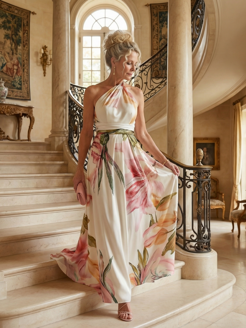 White halter maxi dress with pink and green floral print, halter tie neckline