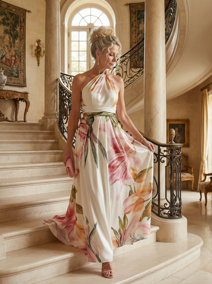 White halter maxi dress with pink and green floral print, halter tie neckline