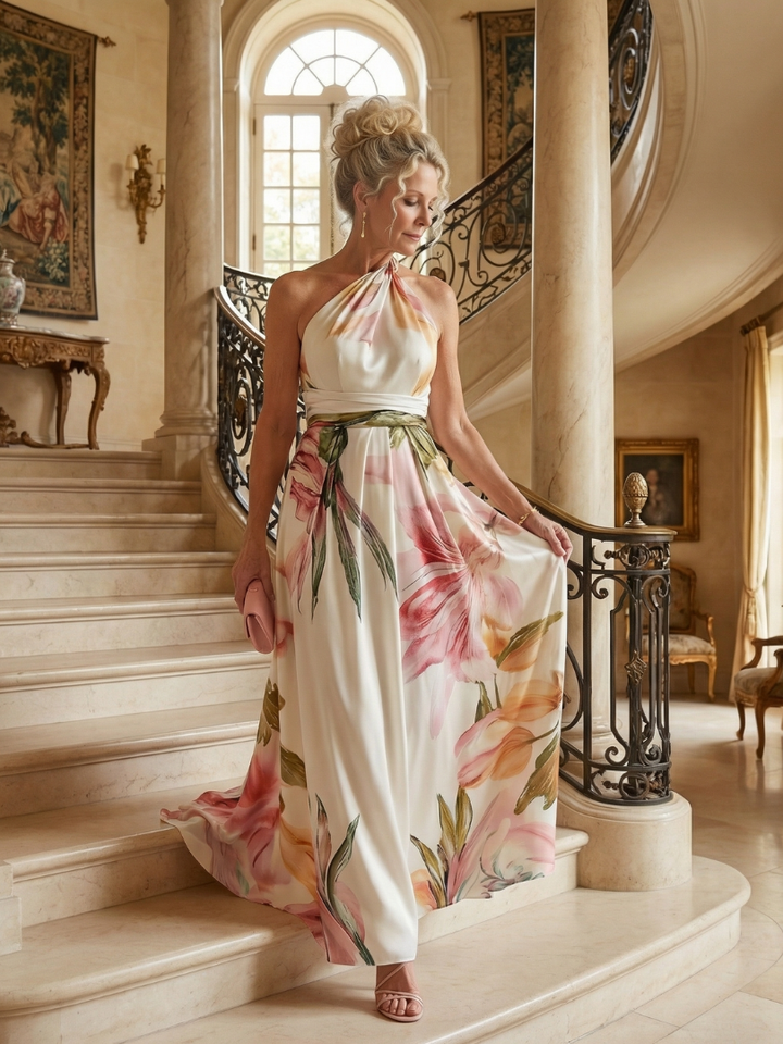 White halter maxi dress with pink and green floral print, halter tie neckline