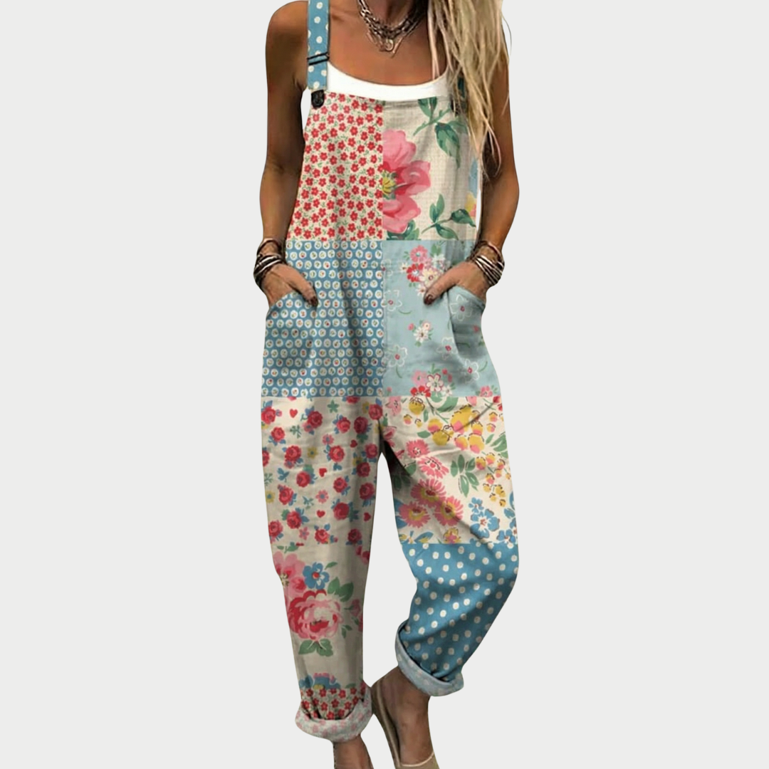 Multicolored floral printed overalls with adjustable straps and relaxed leg fit
