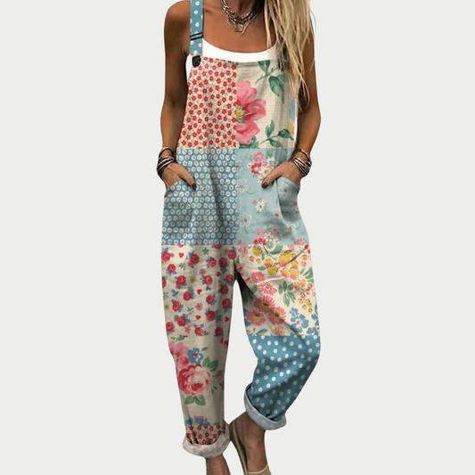 Multicolored floral printed overalls with adjustable straps and relaxed leg fit