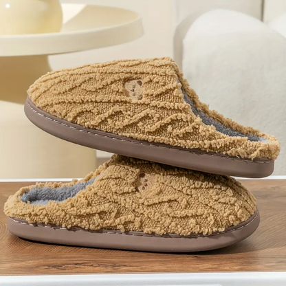 Fuzzy bear print slippers in light coffee, slip-on with padded sole and textured upper