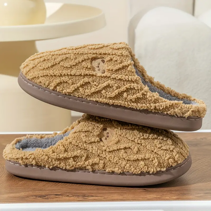 Fuzzy bear print slippers in light coffee, slip-on with padded sole and textured upper